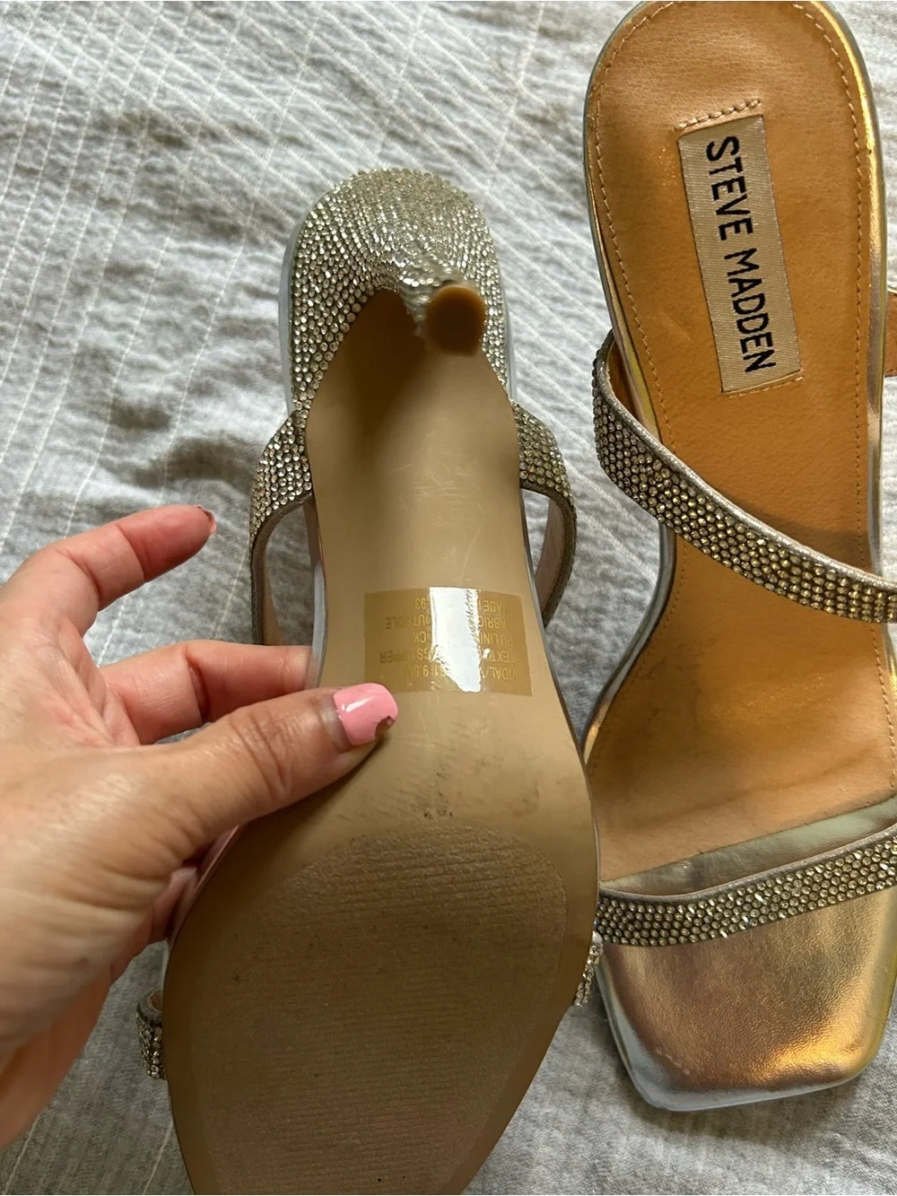 Steve Madden Vacate Silver Rhinestone Stiletto Sandals Square Toe Heels  9.5